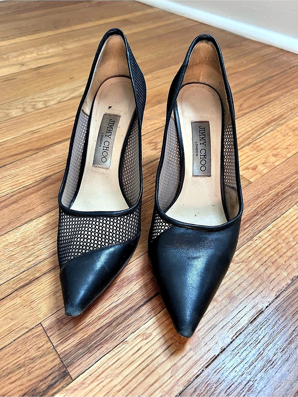 Jimmy Choo Love 85 Black Asymmetrical Mesh Leather Pumps Size 37